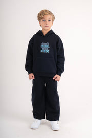 boys cotton hoodie – black with "don't think, just play!" Print