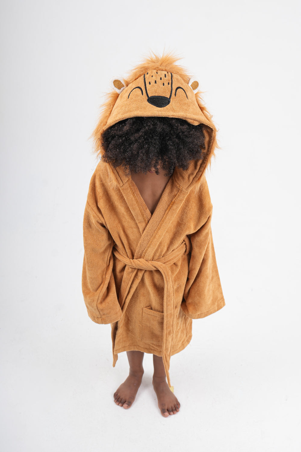 unisex plush swim robe – brown with lion design