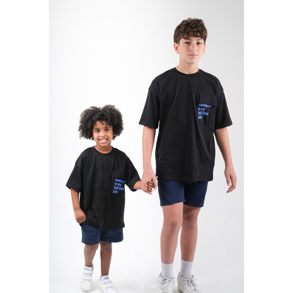 teens black cotton t-shirt – "full time job" print