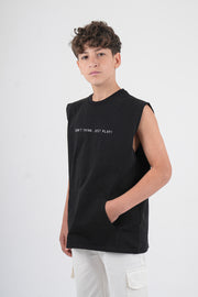 unisex cotton t-shirt – black with "don’t think just play" print