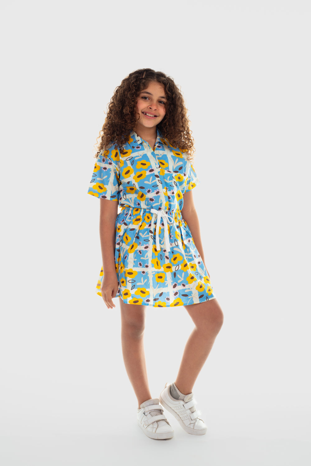 girls cotton shirt – baby blue with flowers print
