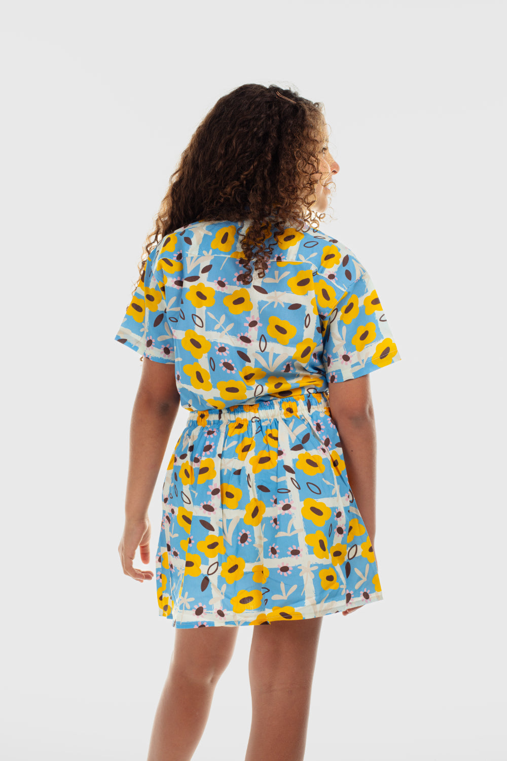 girls cotton shirt – baby blue with flowers print