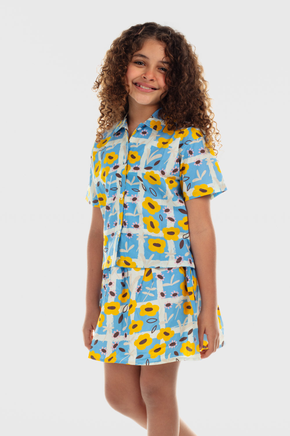 girls cotton skort – baby blue with flowers print