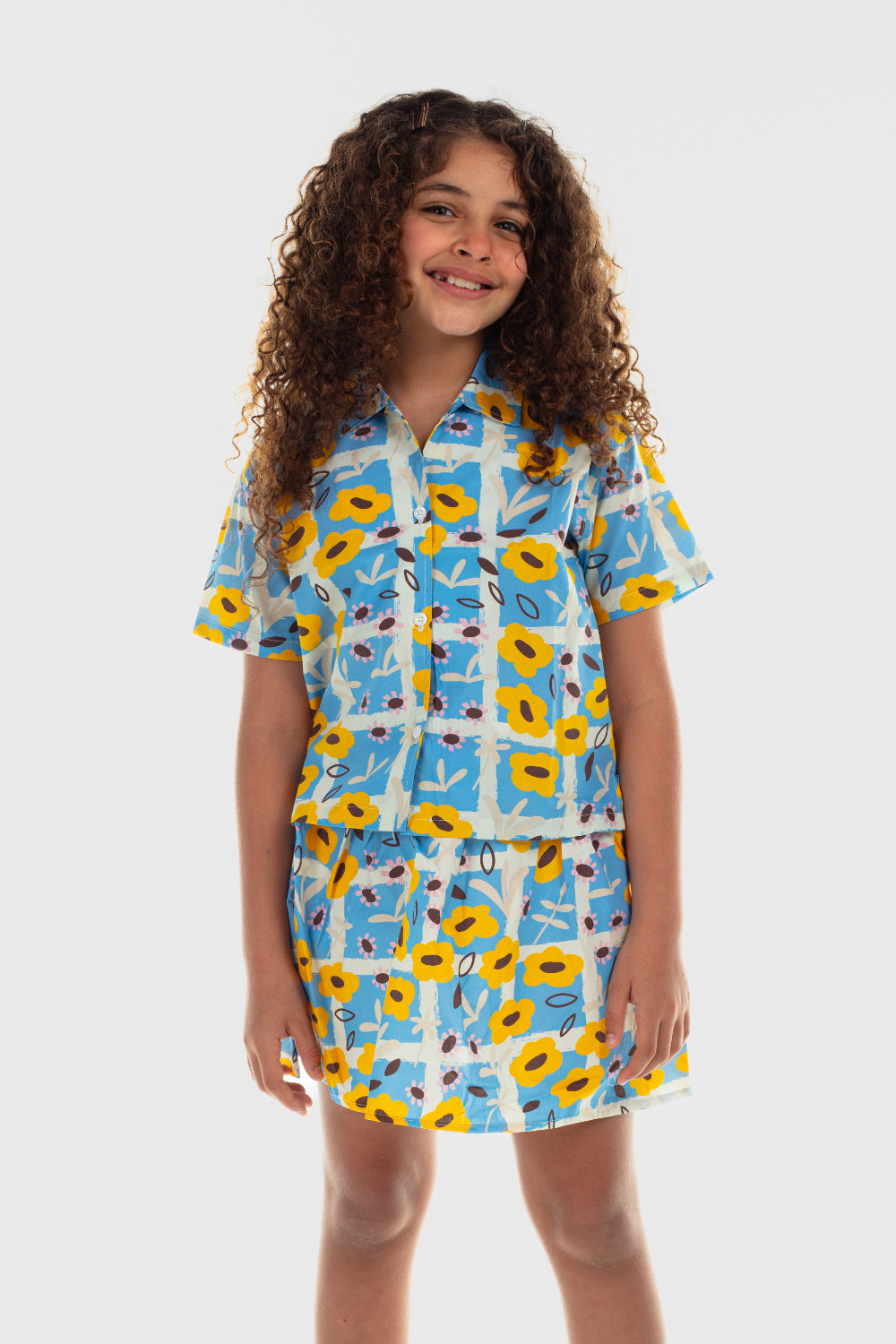 girls cotton skort – baby blue with flowers print