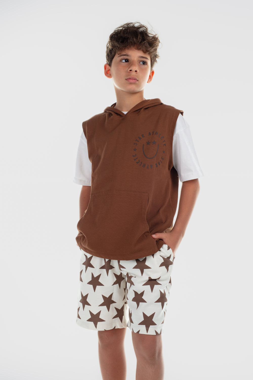 boys cotton hooded sleeveless t-shirt – brown with "star athlete" print