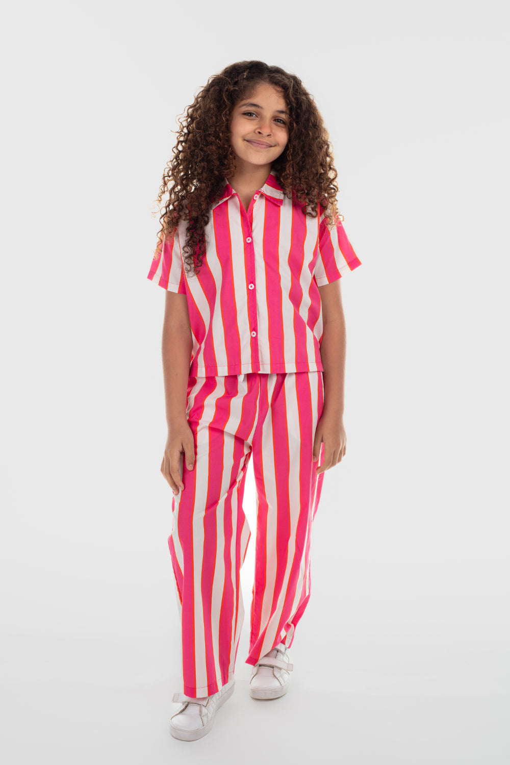 girls cotton shirt – fuchsia & offwhite