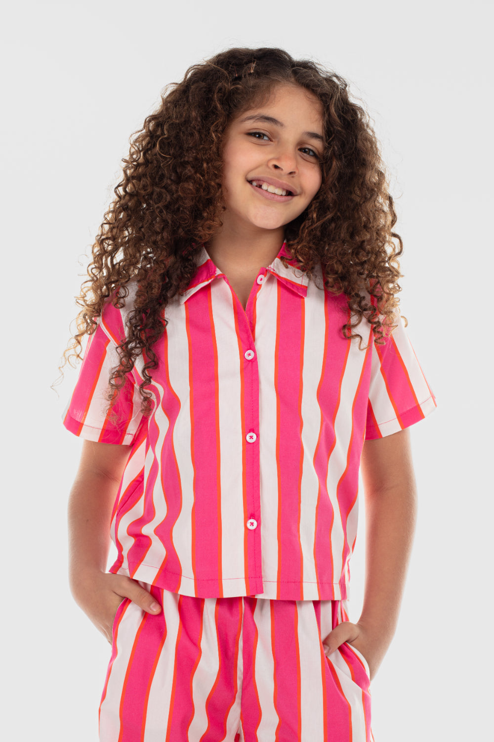 girls cotton shirt – fuchsia & offwhite