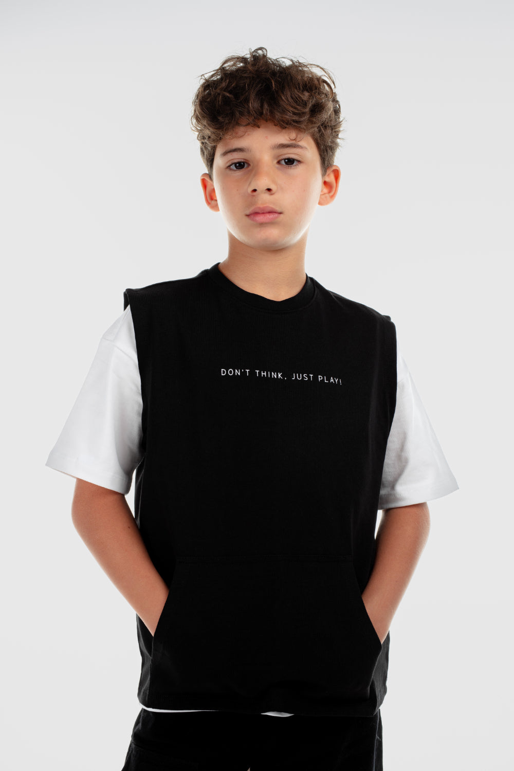 unisex kids cotton sleeveless t-shirt – black "don’t think just play"