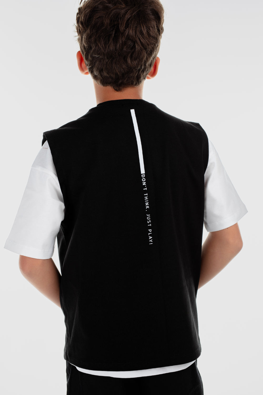 unisex kids cotton sleeveless t-shirt – black "don’t think just play"