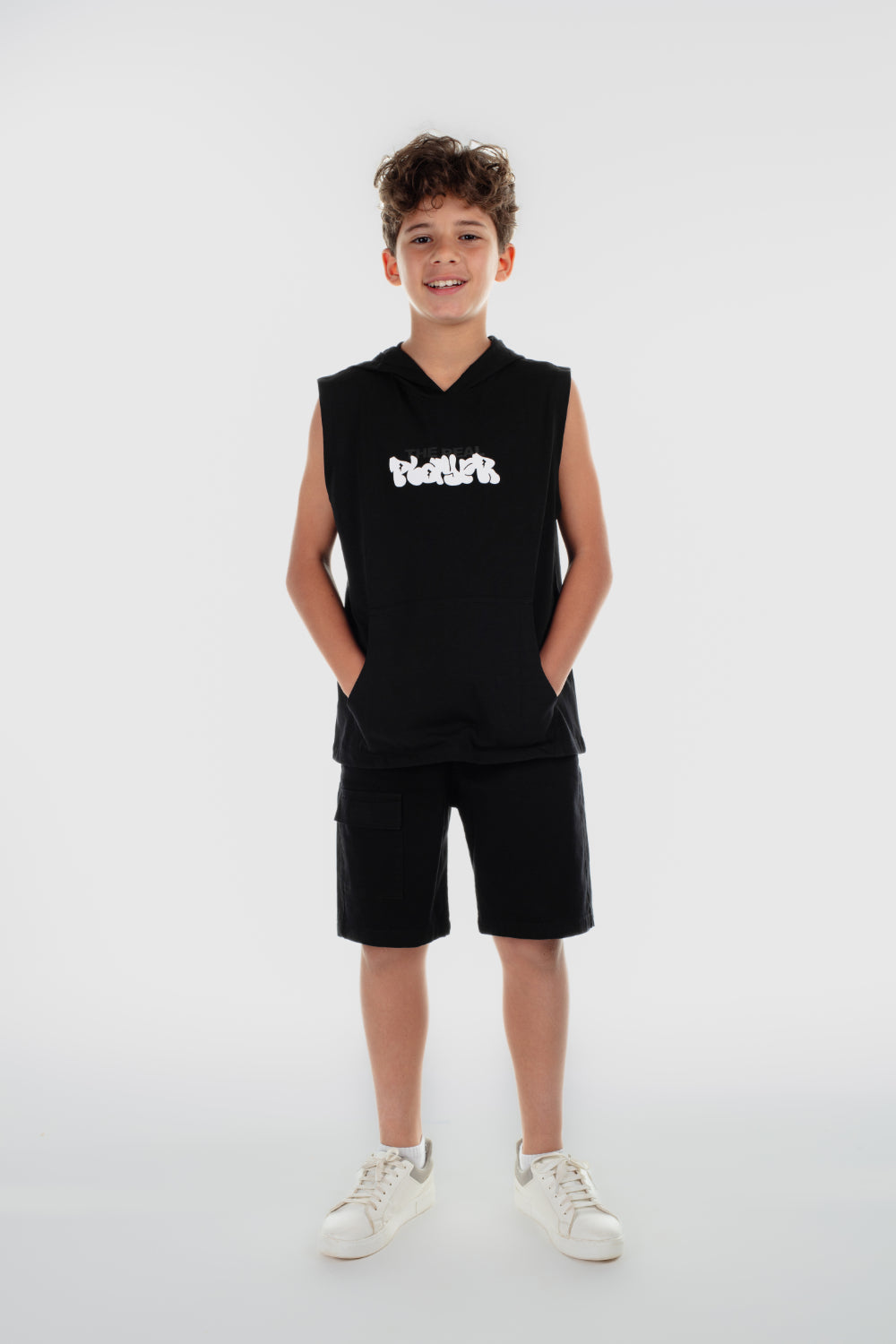 boys cotton hooded sleeveless t-shirt – black