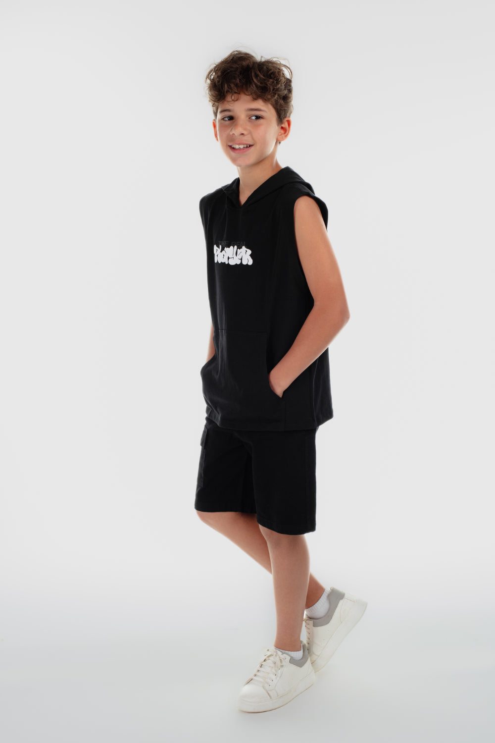 boys cotton hooded sleeveless t-shirt – black
