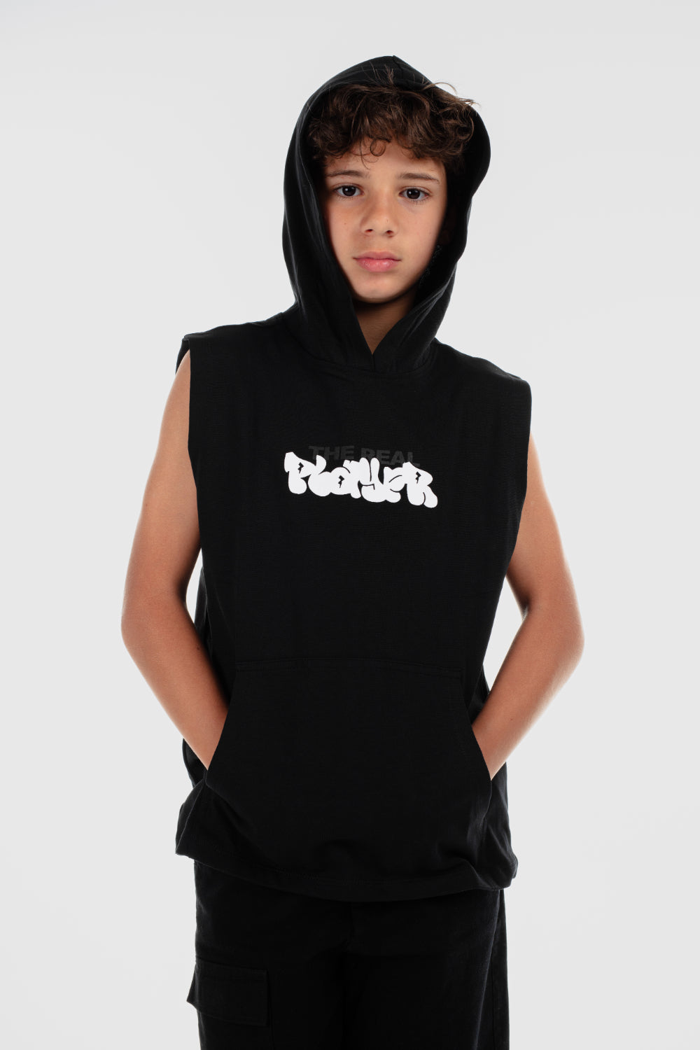 boys cotton hooded sleeveless t-shirt – black