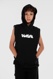 boys cotton hooded sleeveless t-shirt – black