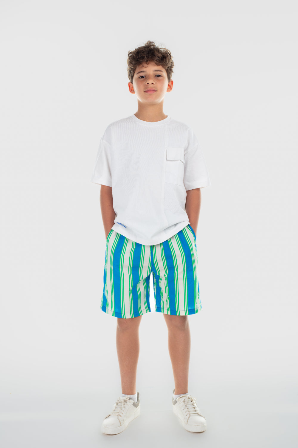 boys cotton shorts – blue & offwhite