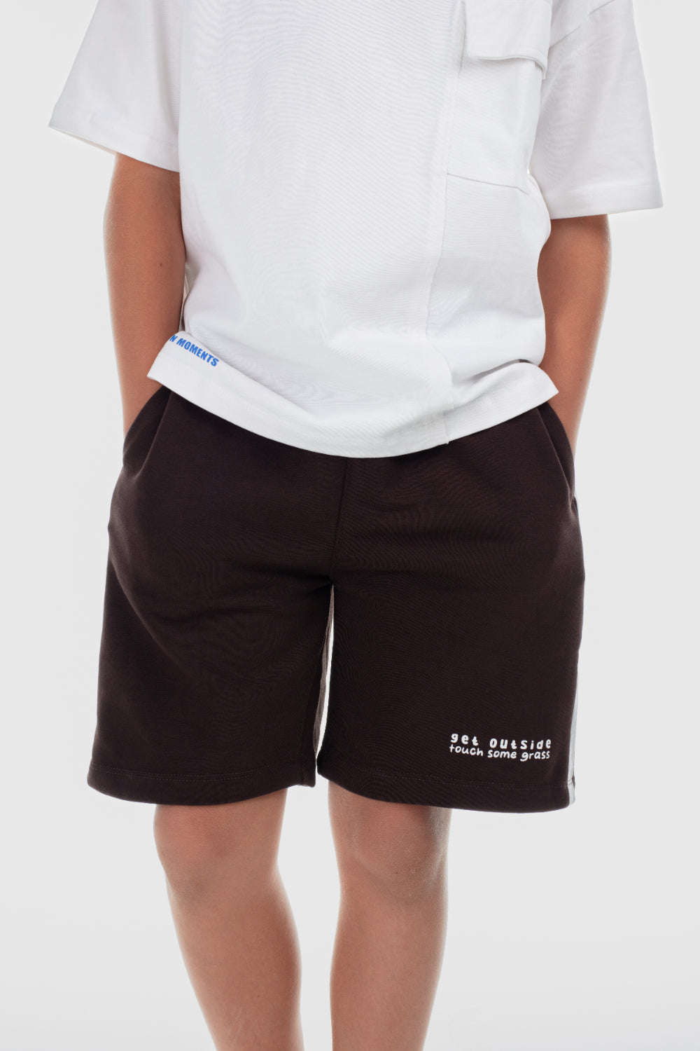 boys cotton short – brown with "get out side" print