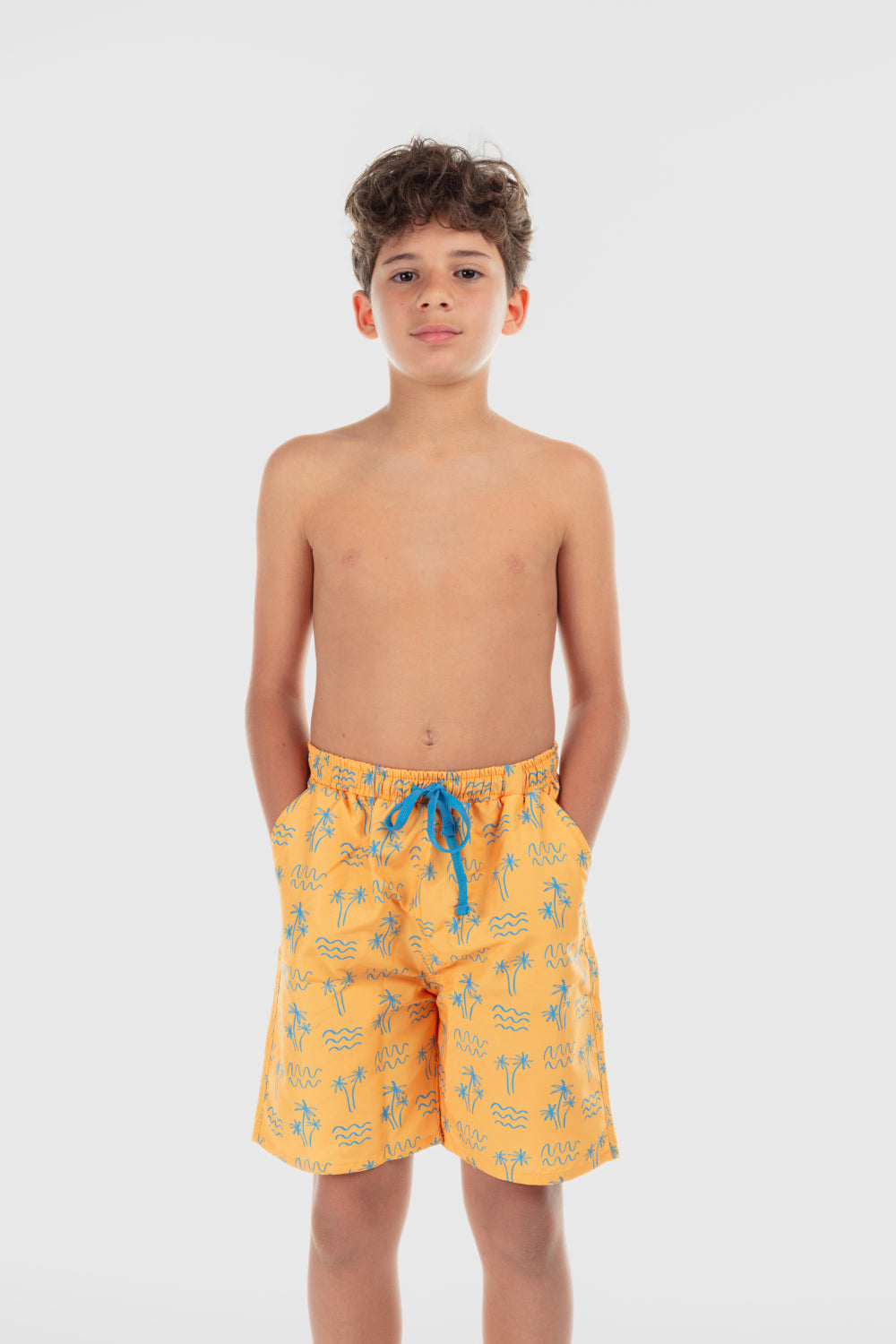 boys swimsuit – mustard with palm print