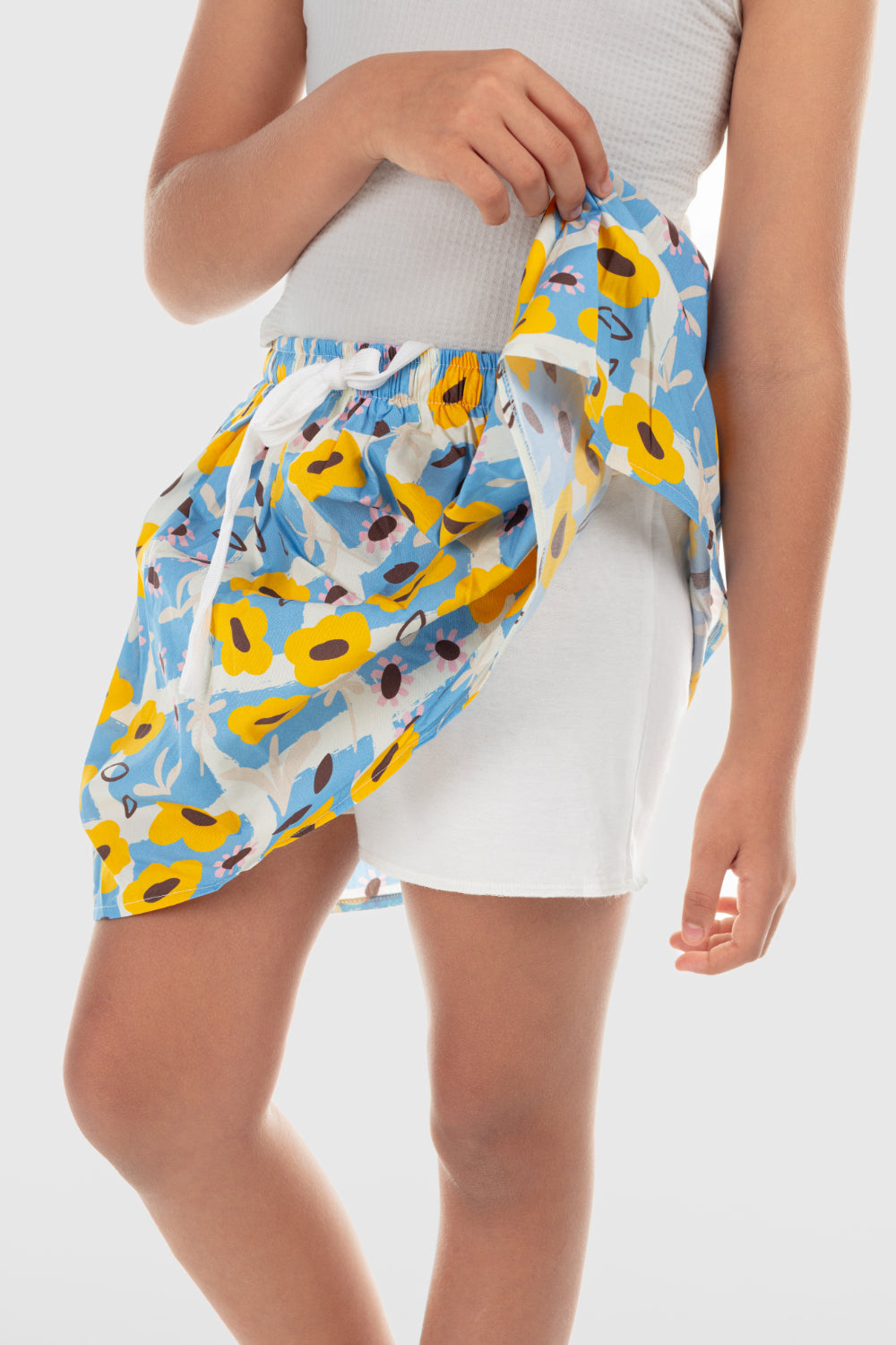 girls cotton skort – baby blue with flowers print