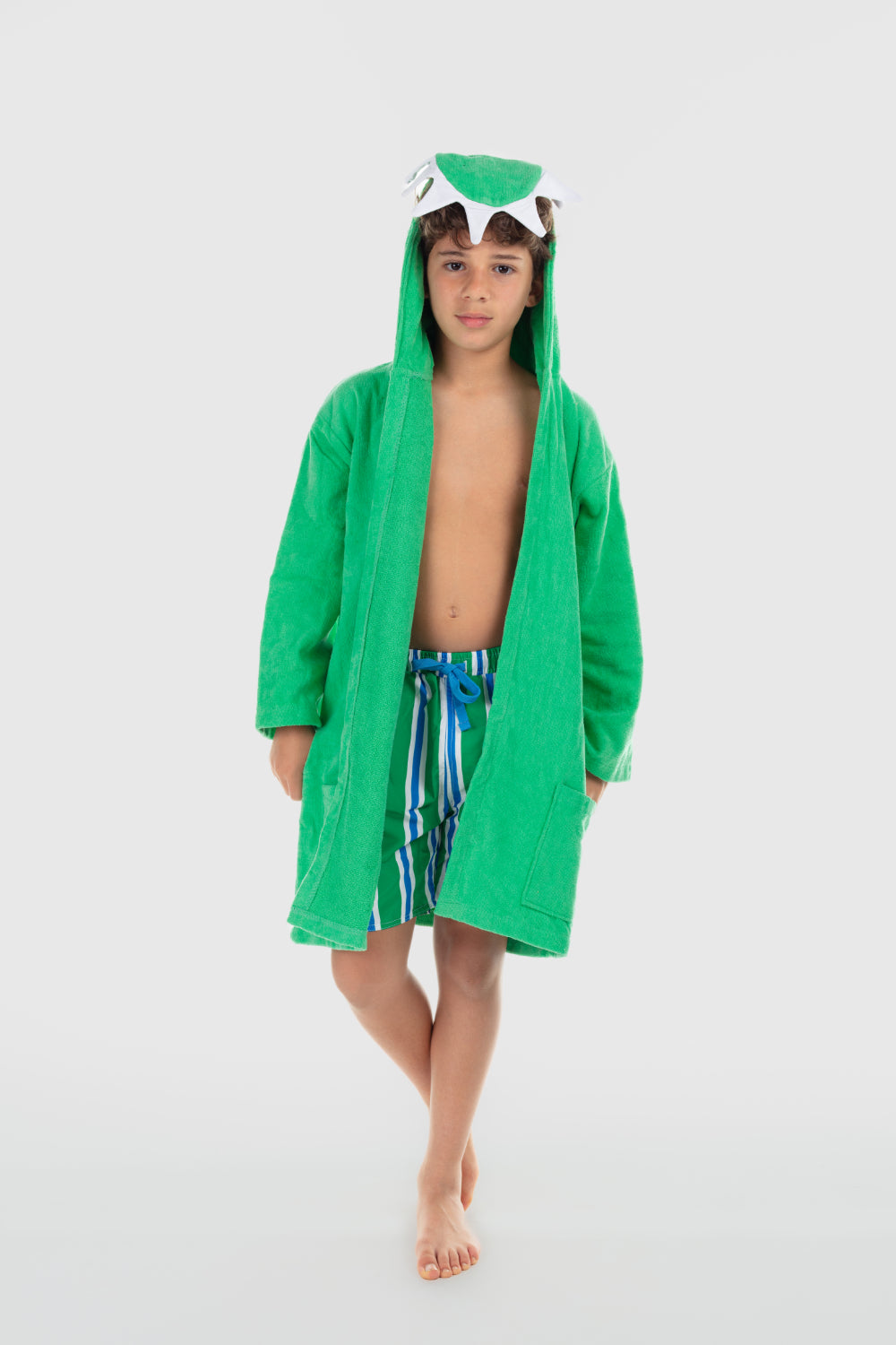 unisex plush swim robe – green dinosaur