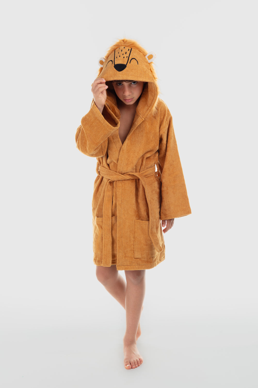 unisex plush swim robe – brown with lion design