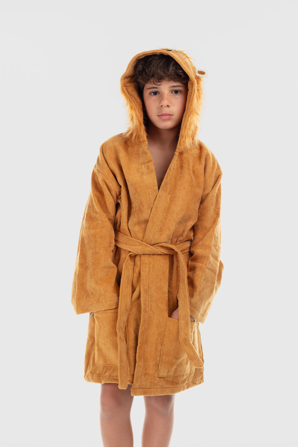 unisex plush swim robe – brown with lion design