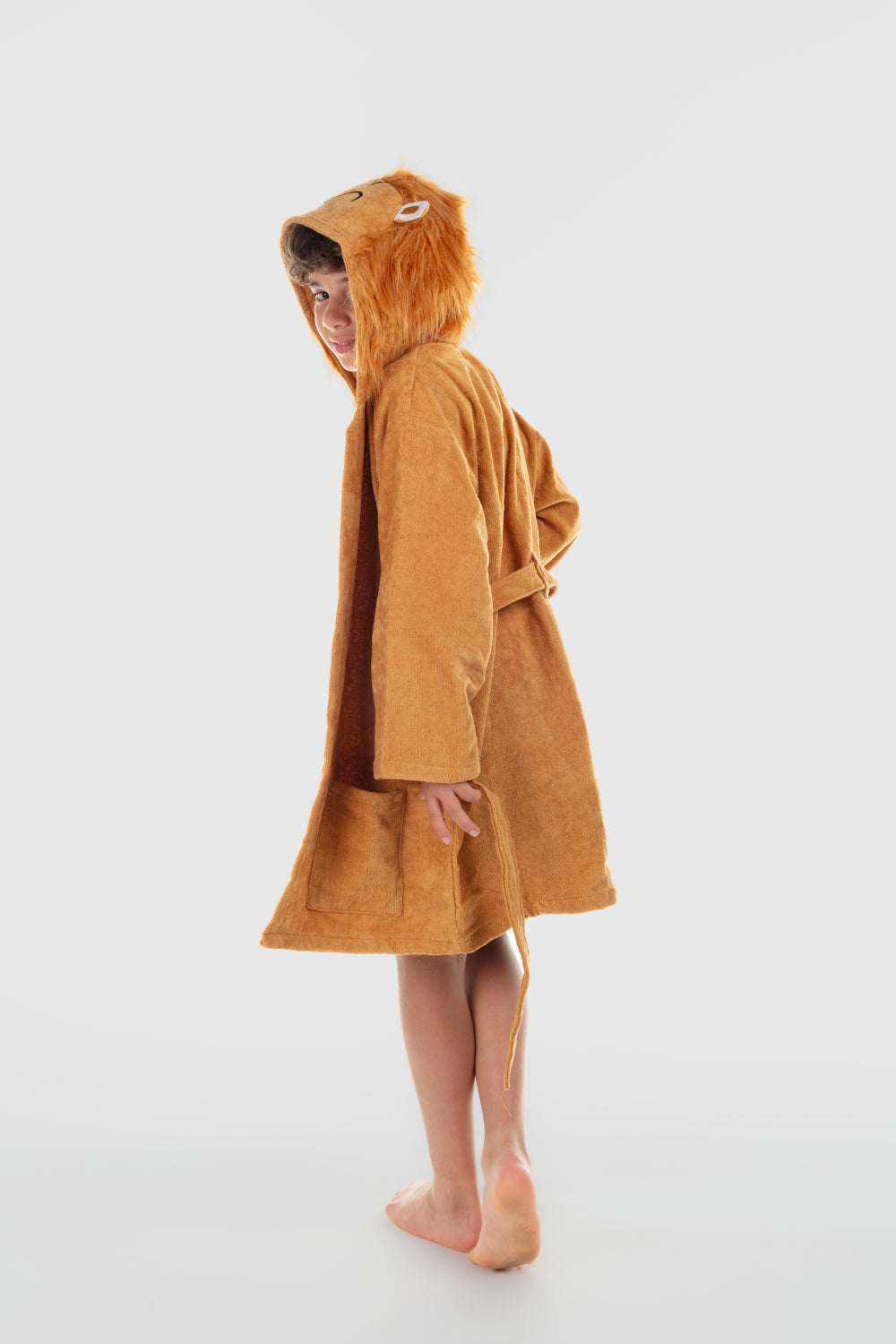 unisex plush swim robe – brown with lion design