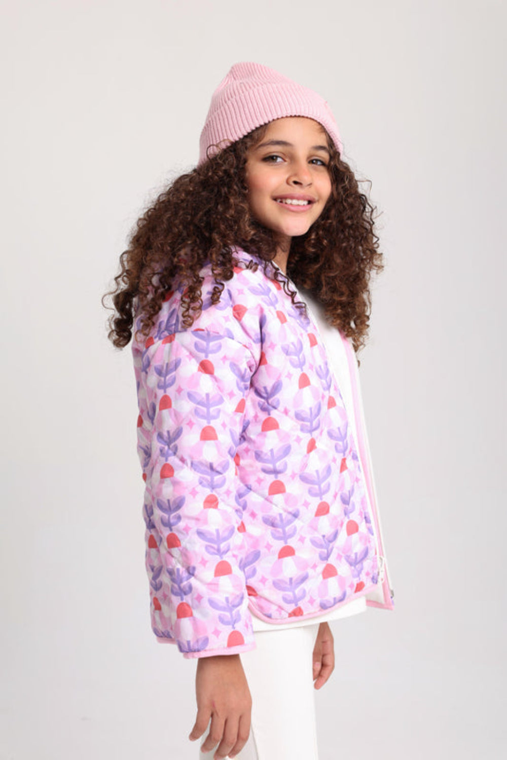 girls waterproof reversible quilted jacket –off white & pink floral