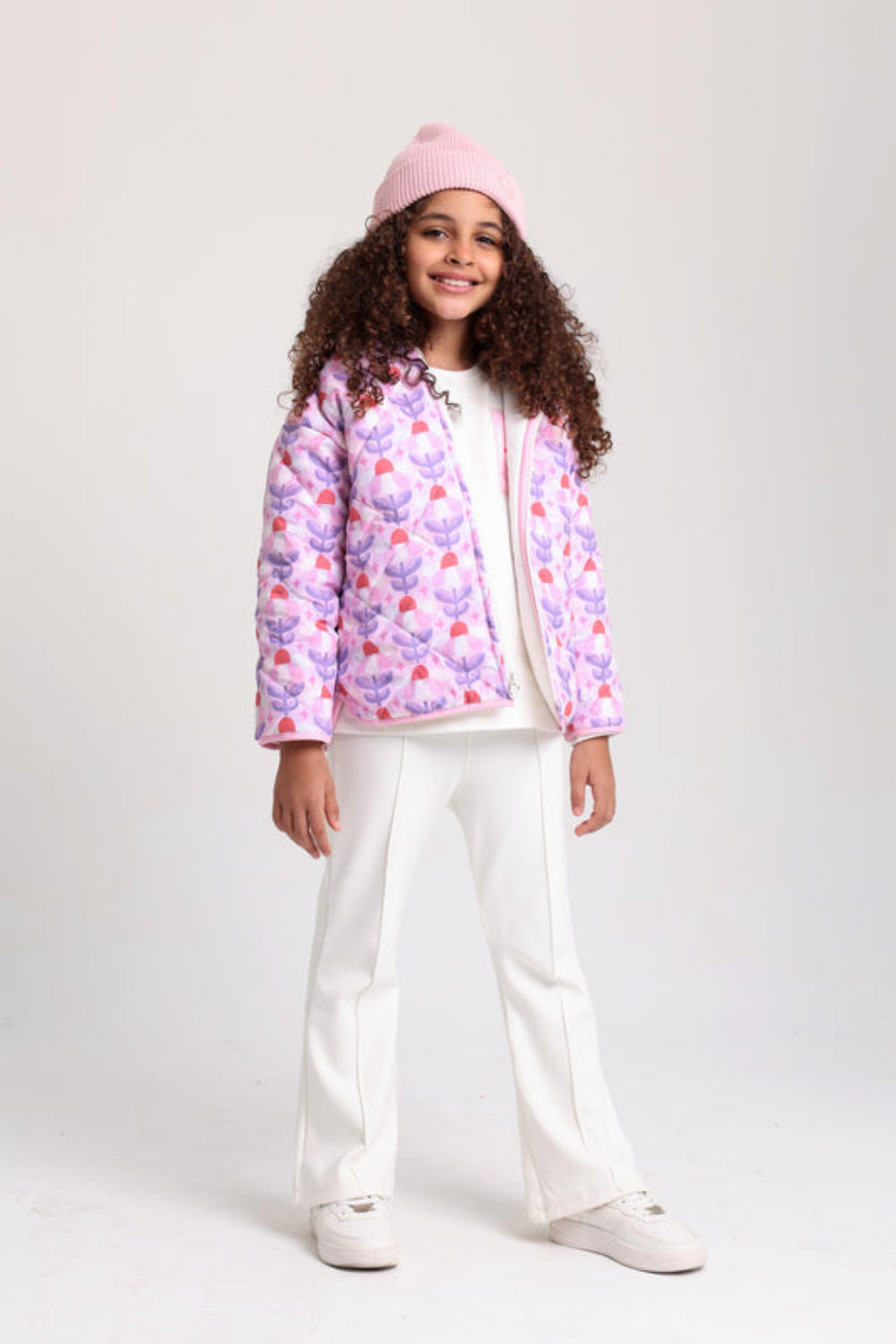 girls waterproof reversible quilted jacket –off white & pink floral