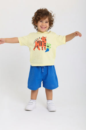 baby boys cotton outfit set – yellow & blue with tiger print