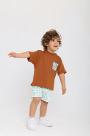 baby boys cotton outfit set – brown & mint with "catching the waves" print