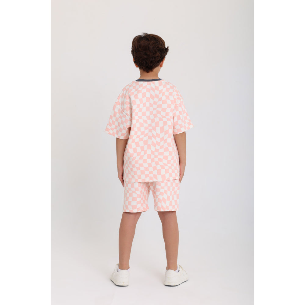 boys cotton outfit set – off-white & salmon with "play the day away" embroidery