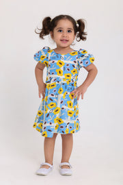 baby girls cotton sleeveless dress – baby blue & yellow with flowers print