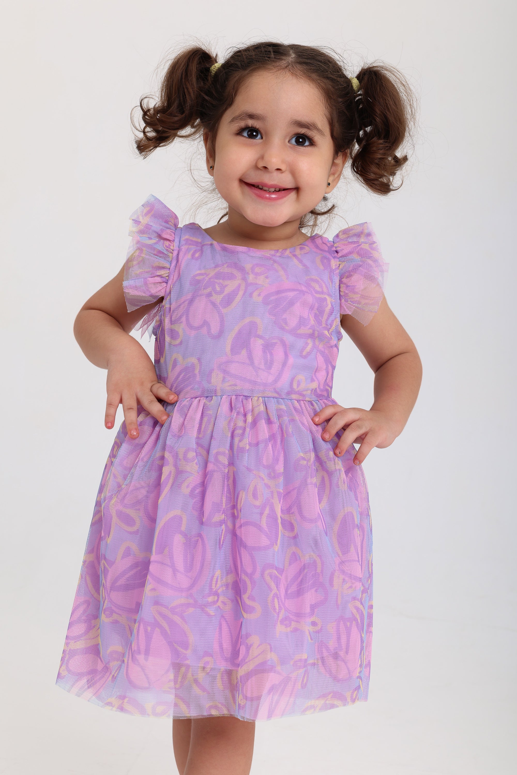 baby girls tulle sleeveless dress – purple with flowers print