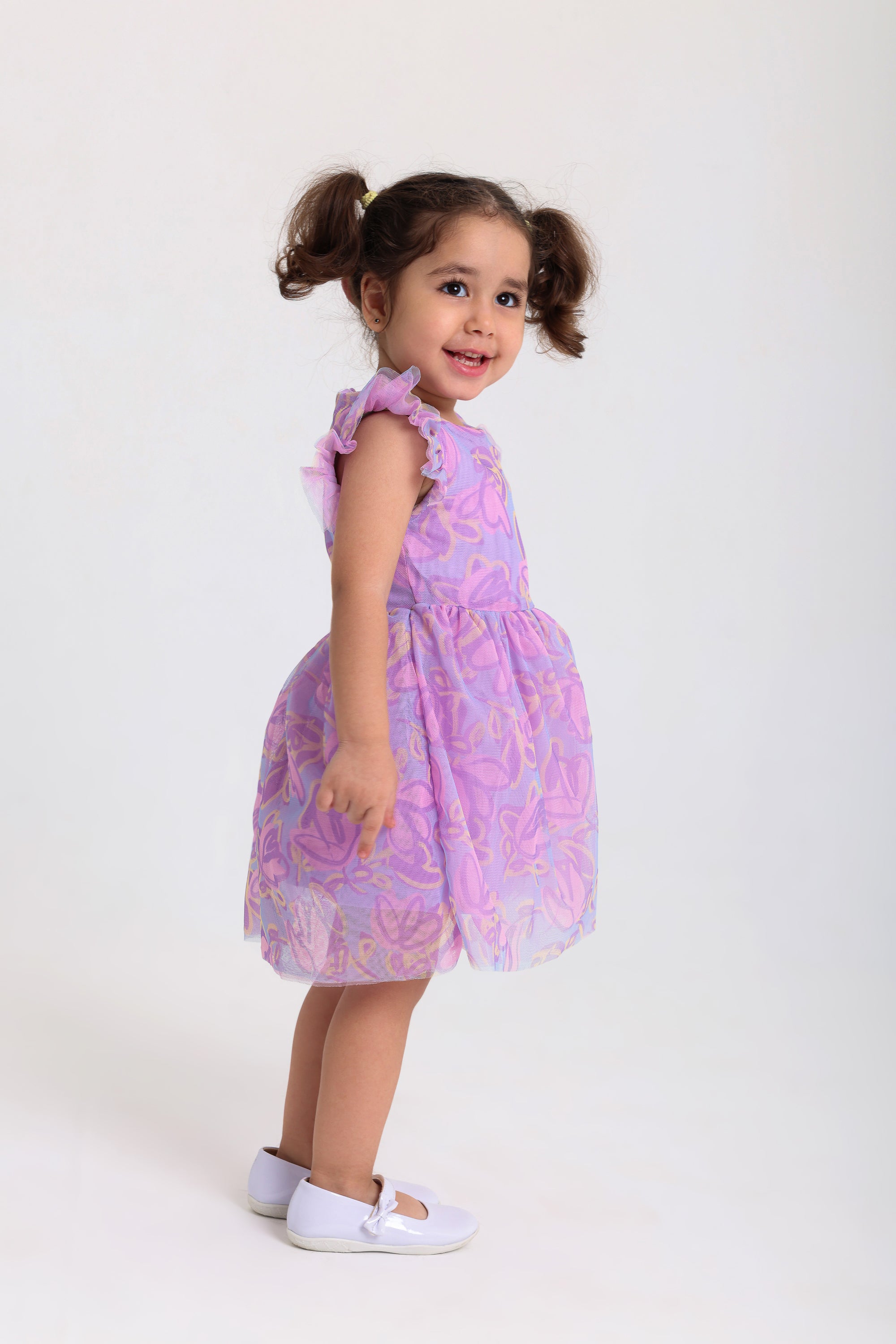 baby girls tulle sleeveless dress – purple with flowers print