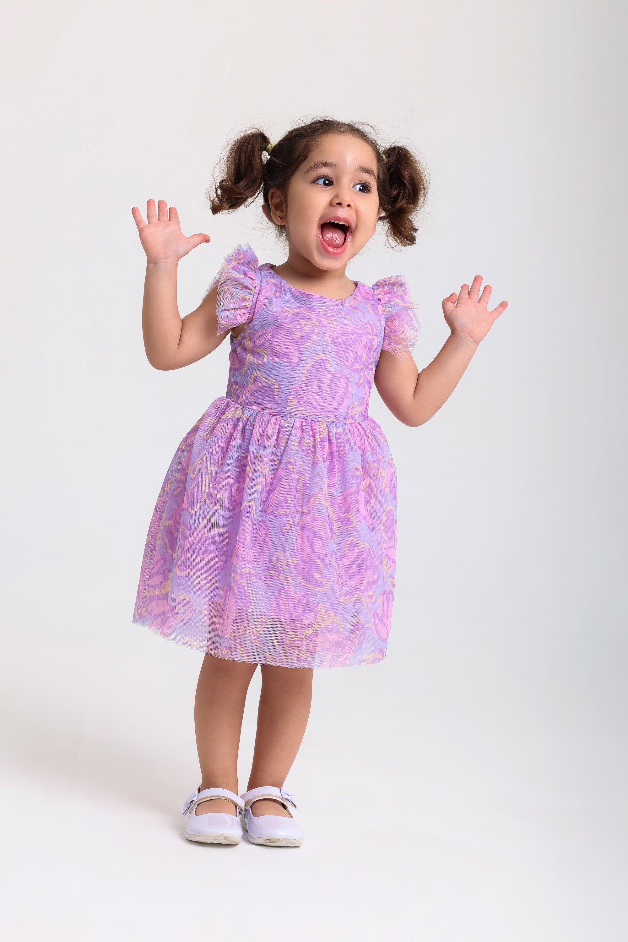 baby girls tulle sleeveless dress – purple with flowers print