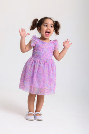 baby girls tulle sleeveless dress – purple with flowers print