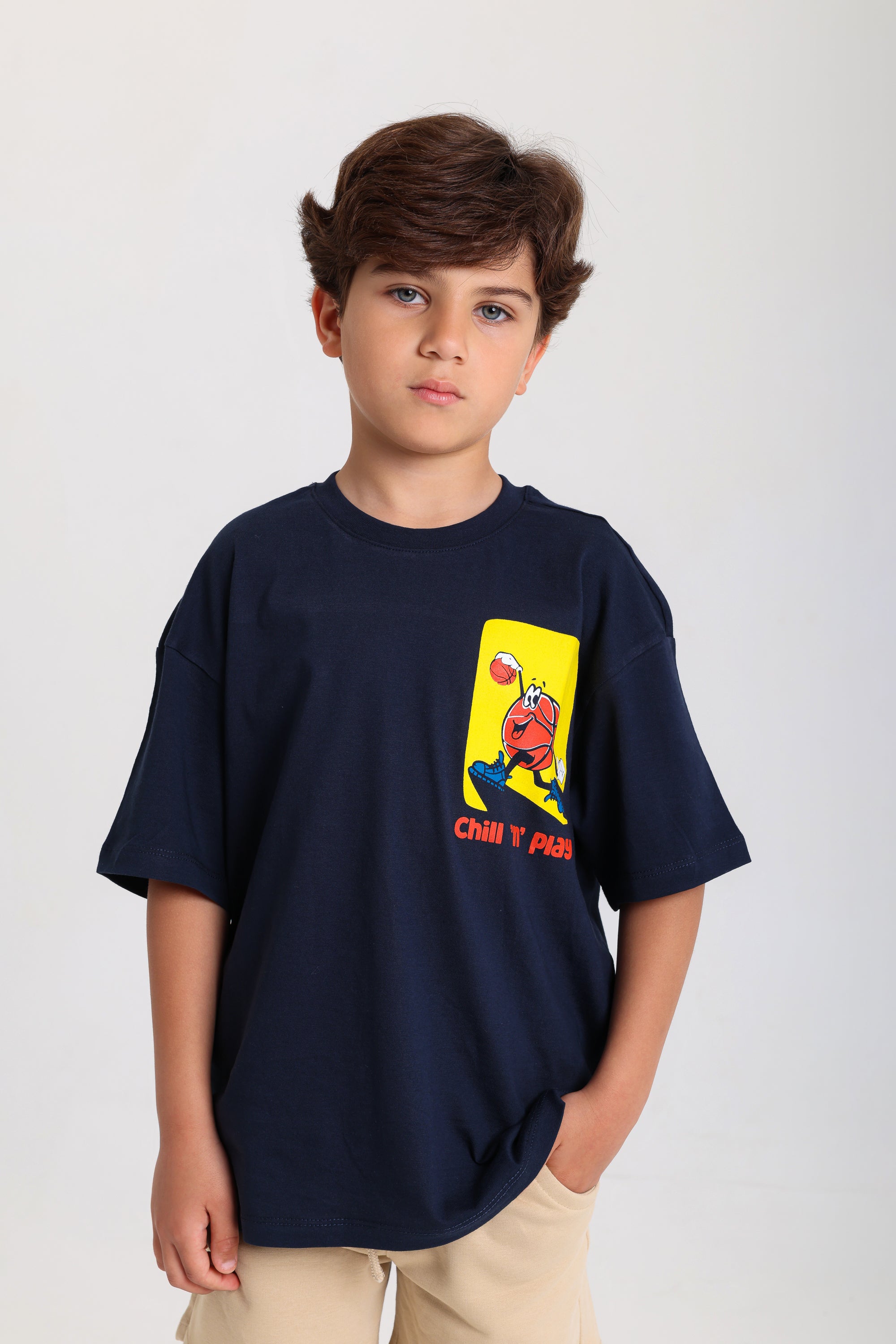 Boys Cotton T-Shirt – Navy with "Chill in Play" Print