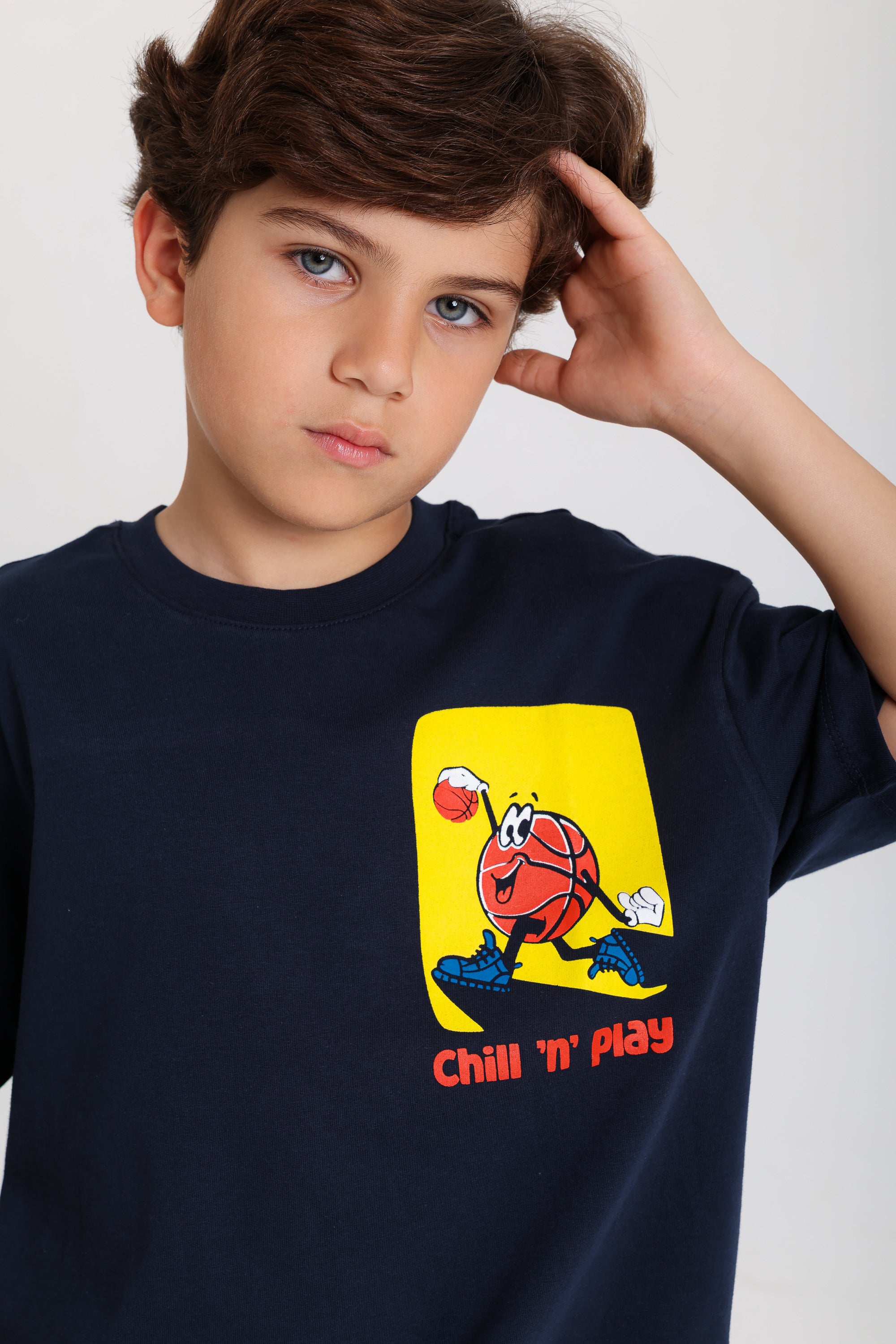 Boys Cotton T-Shirt – Navy with "Chill in Play" Print