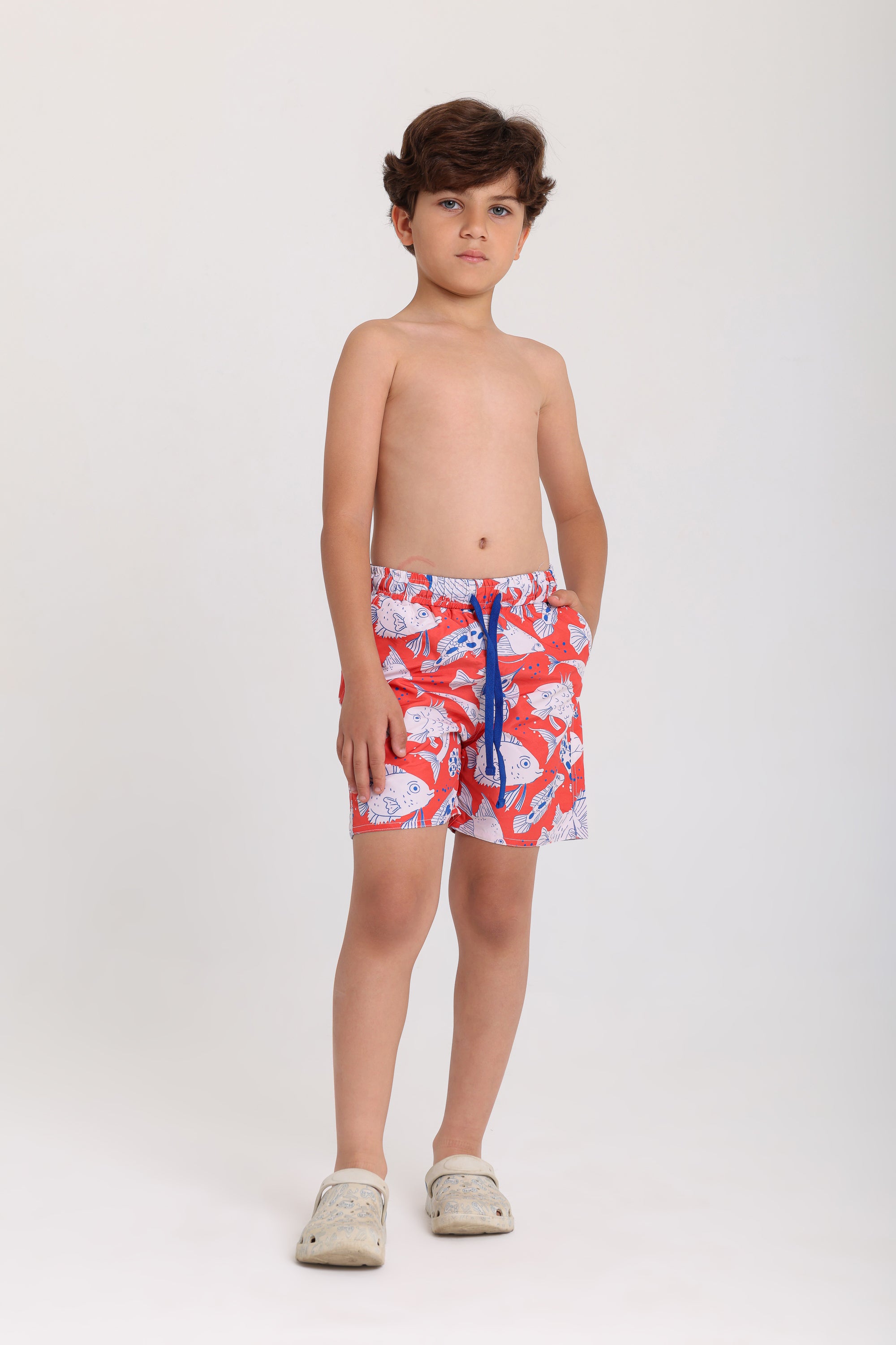 boys swimsuit – red with fish print
