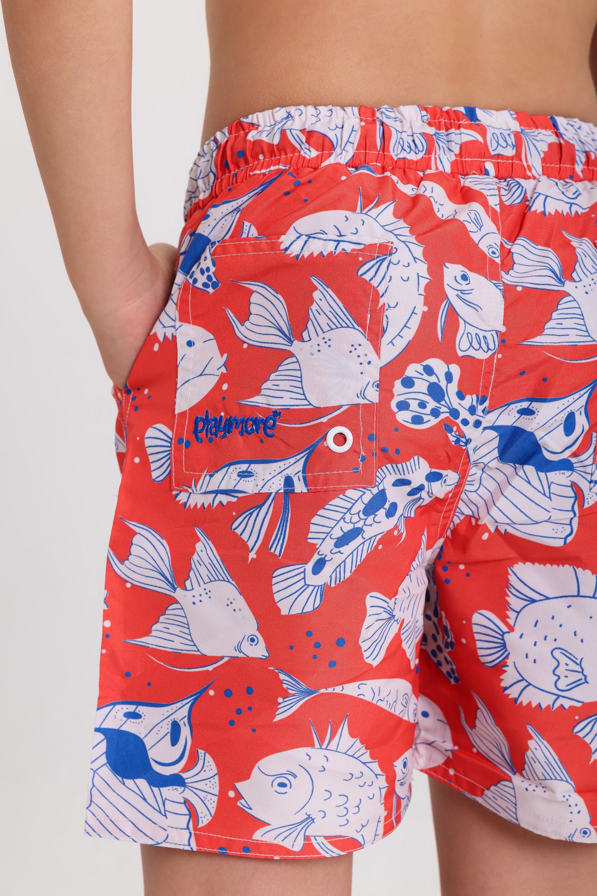 boys swimsuit – red with fish print
