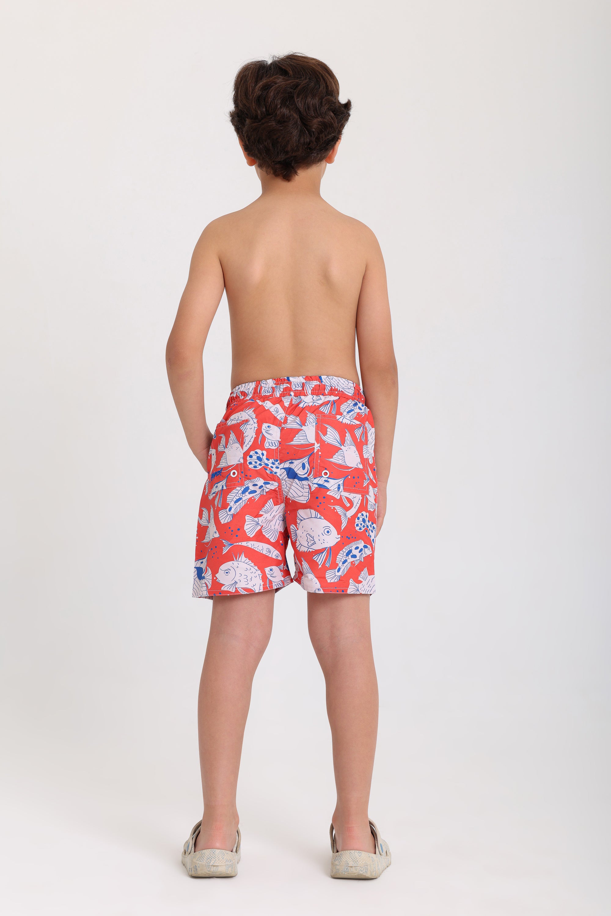 boys swimsuit – red with fish print