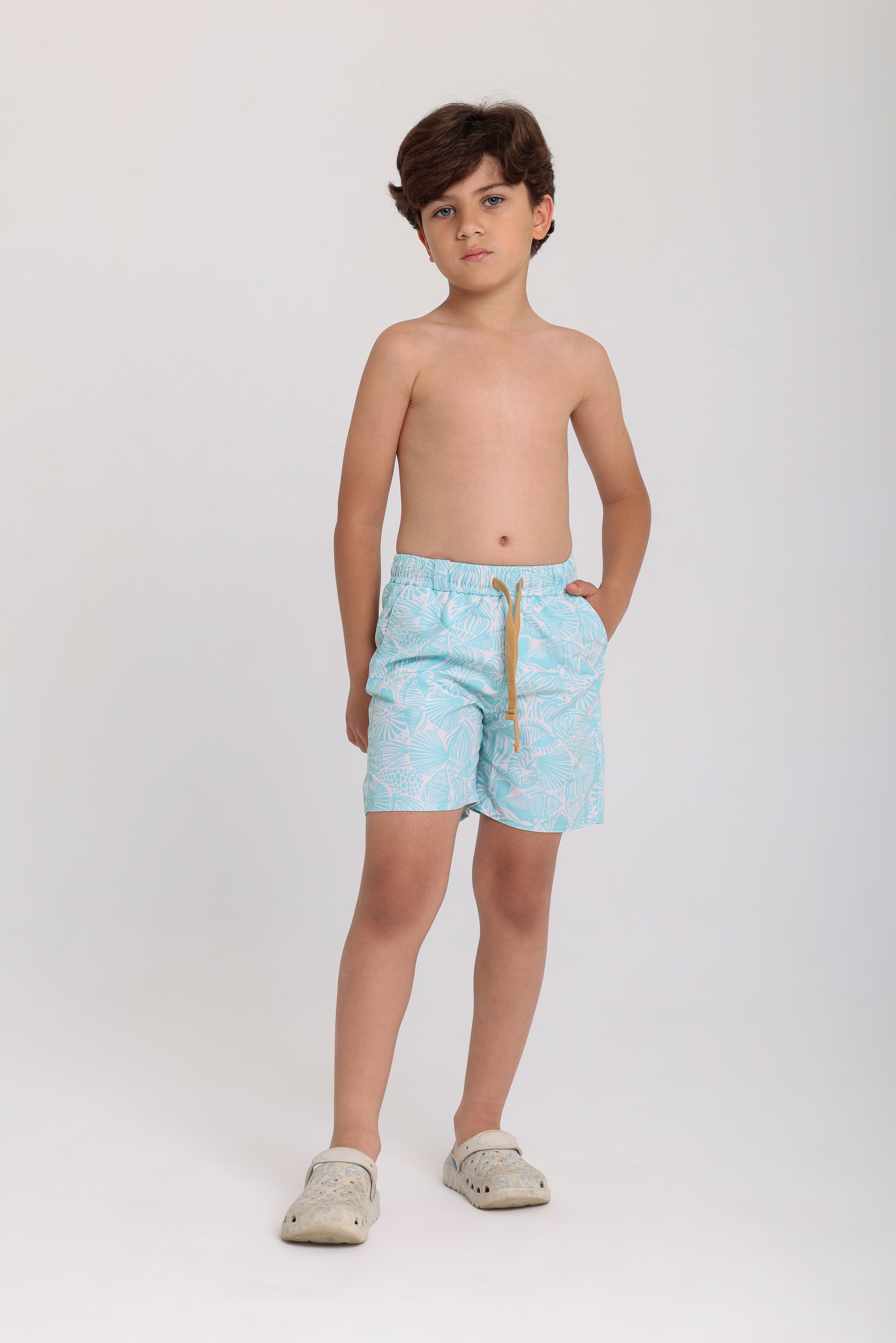boys swimsuit – aqua with leaves print