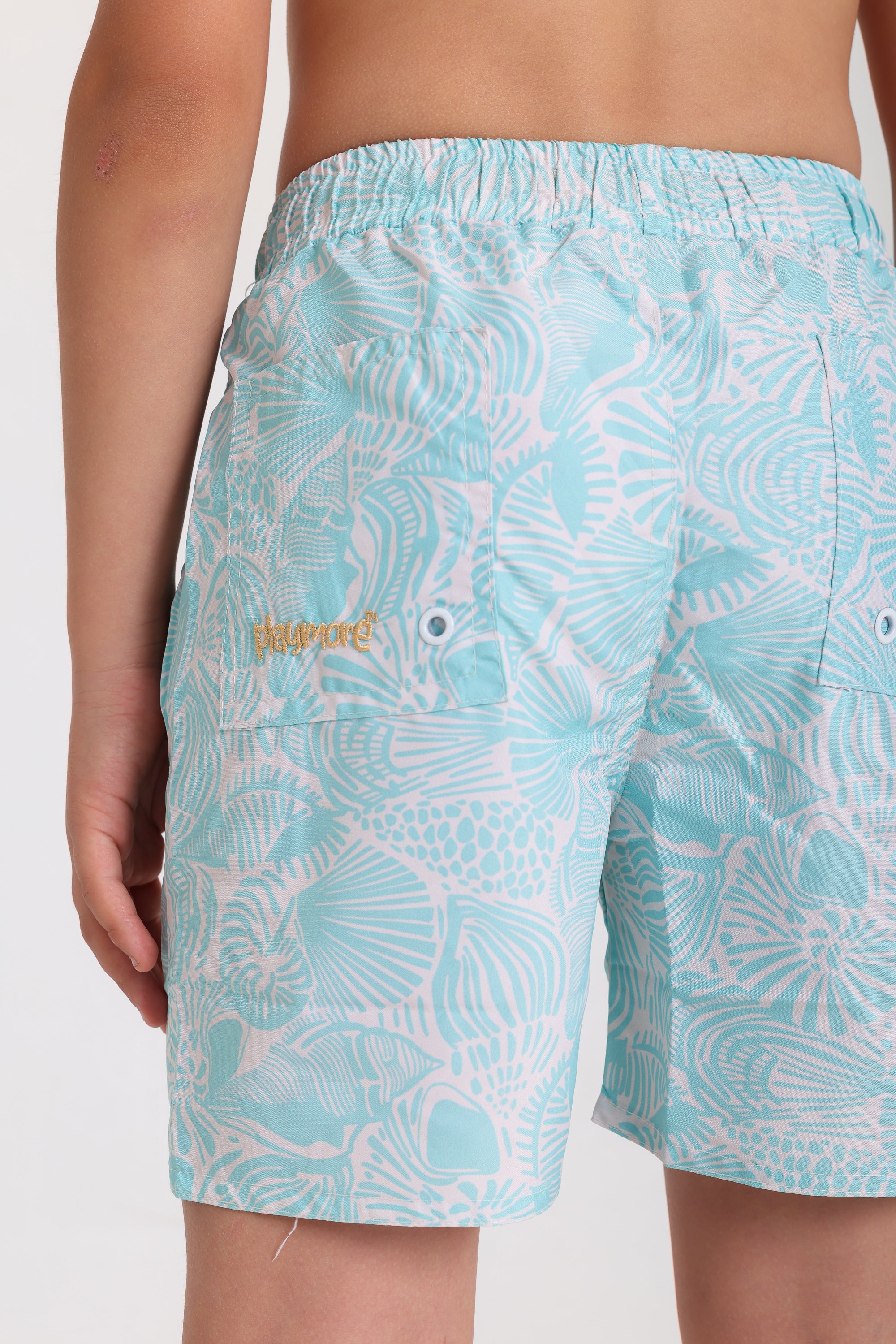 boys swimsuit – aqua with leaves print