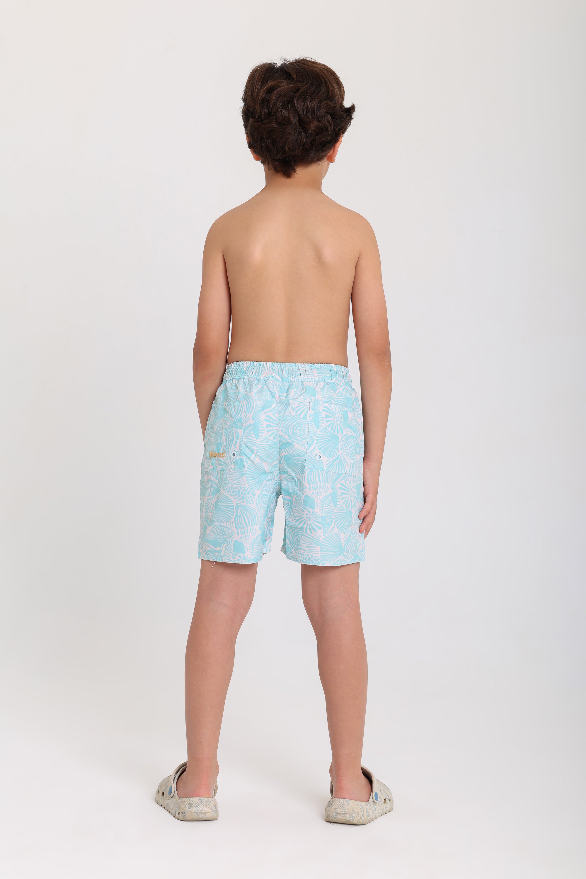 boys swimsuit – aqua with leaves print