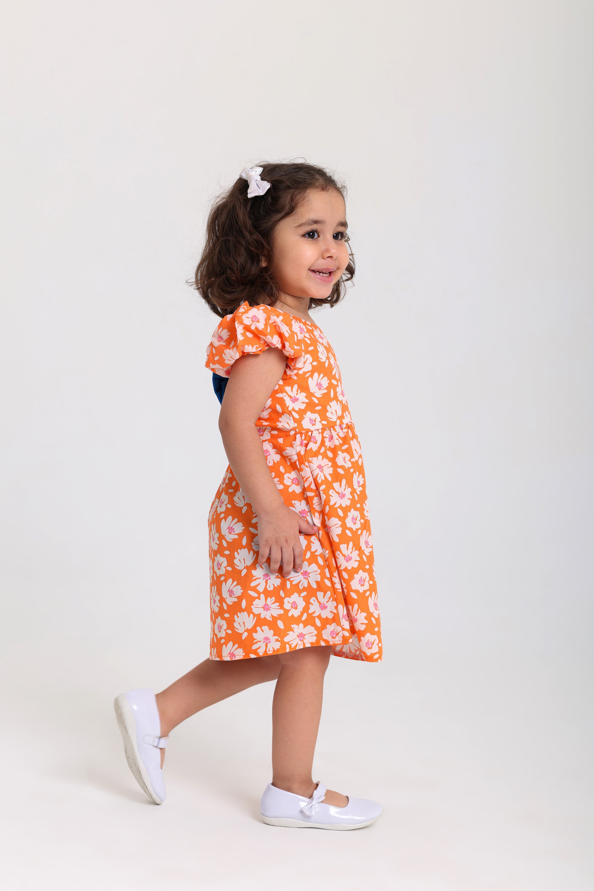 baby girls cotton dress – orange with flowers print