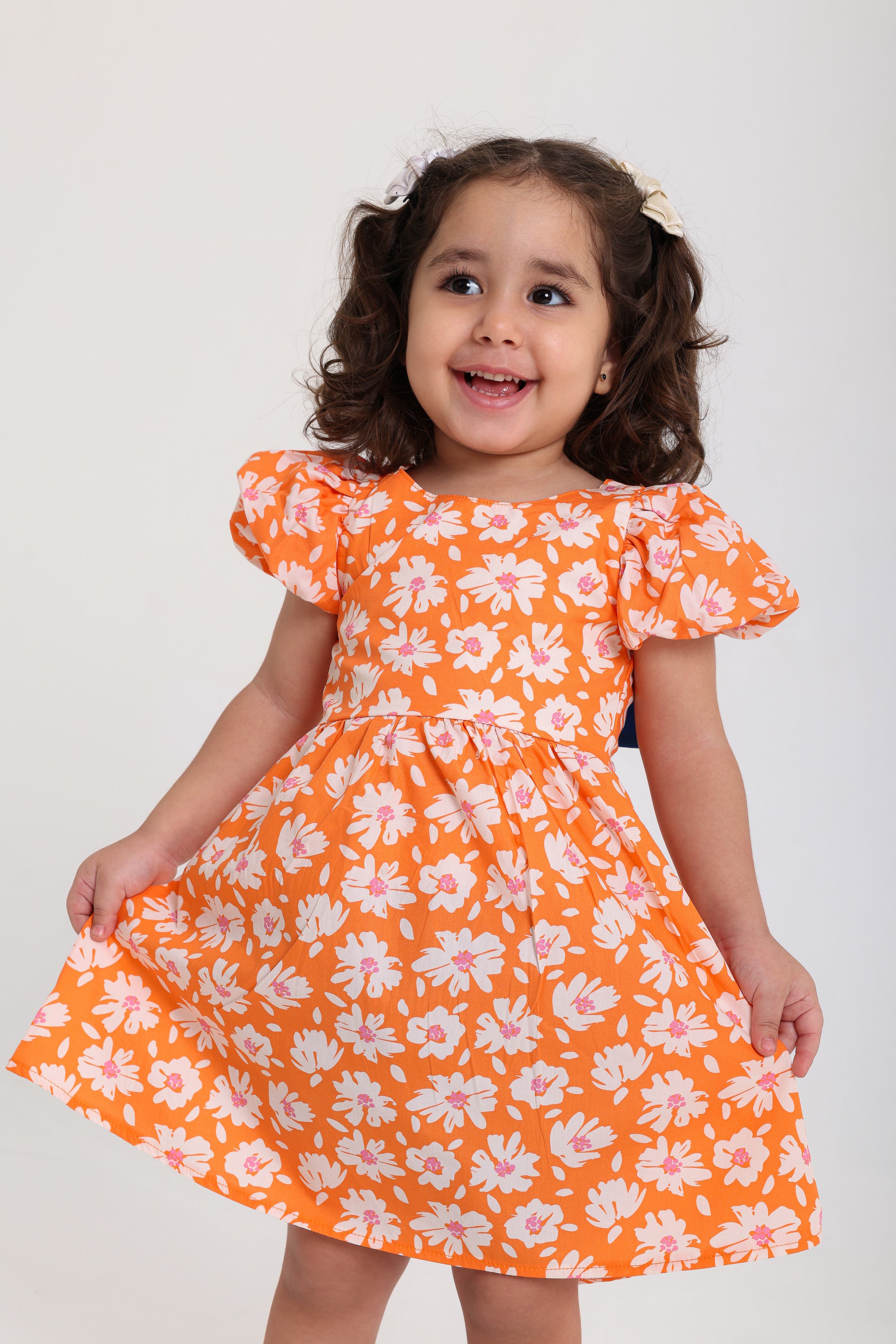 baby girls cotton dress – orange with flowers print