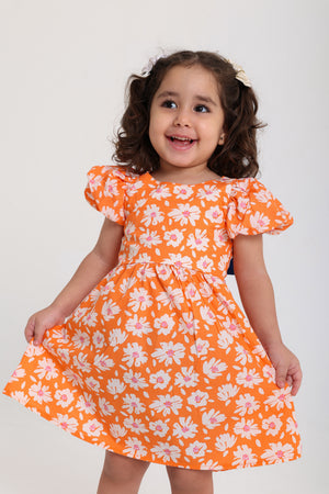 baby girls cotton dress – orange with flowers print