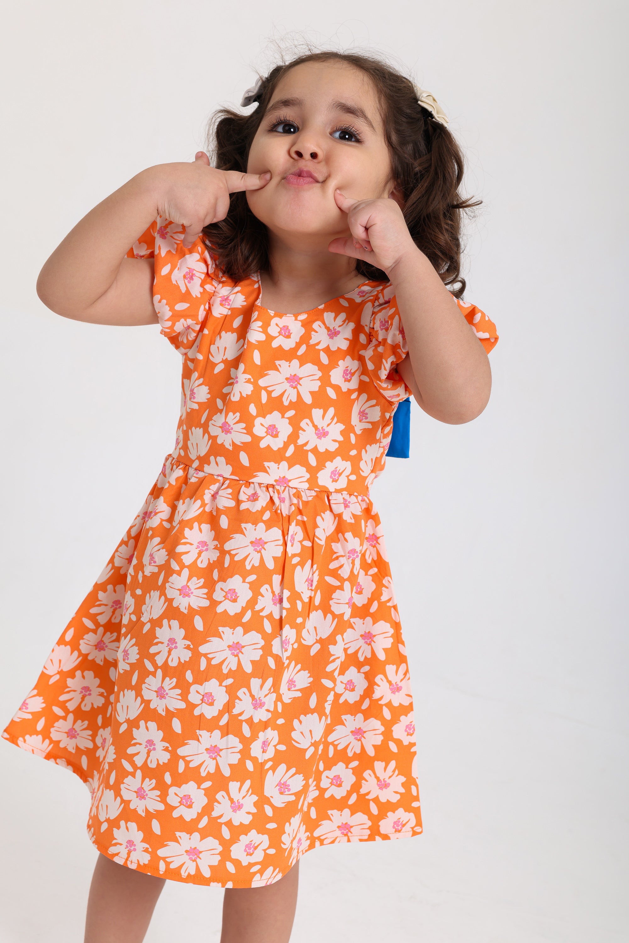 baby girls cotton dress – orange with flowers print
