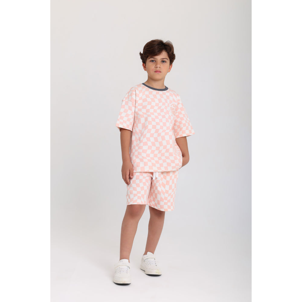 boys cotton outfit set – off-white & salmon with "play the day away" embroidery