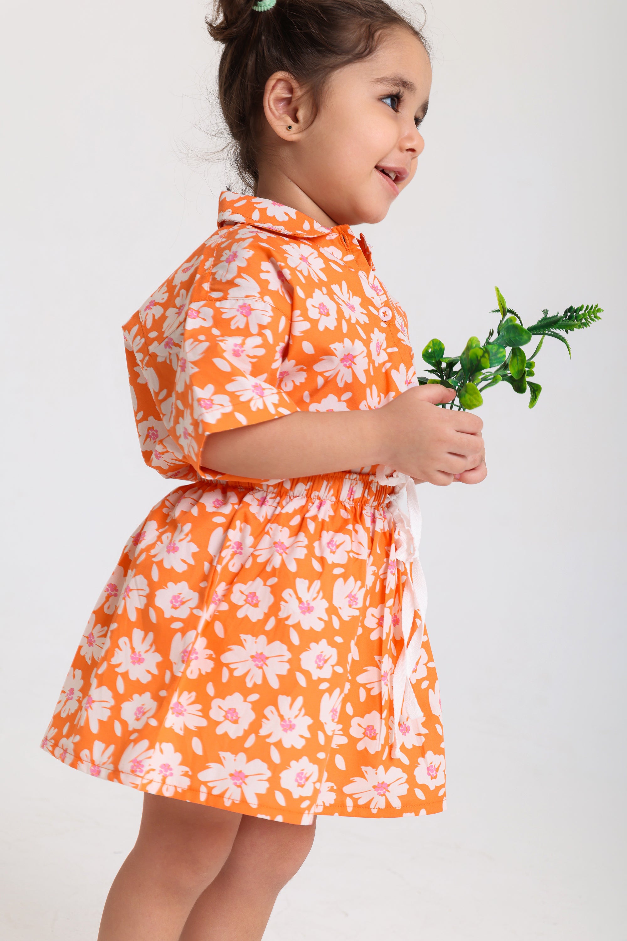 baby girls cotton outfit set – orange with flowers print