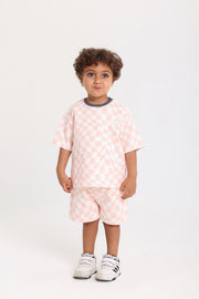 baby boys cotton outfit set – off-white & salmon with "play the day away" embroidery